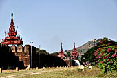 Myanmar - Mandalay, The Royal Palace, the walled enclosure with huge tiered roof tower.